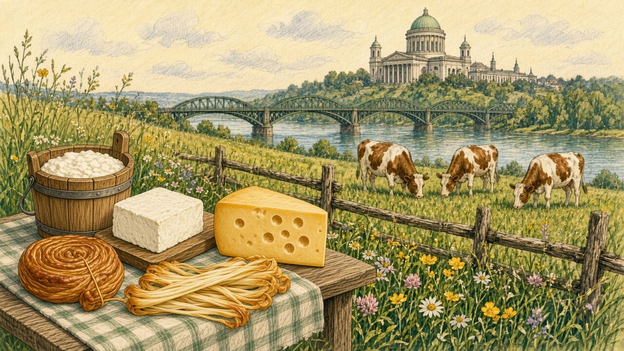 Bryndza, sheep cheese, smoked parenica, string cheese and holey cheese on a table, with cows in a meadow, the Danube and Esztergom Basilica behind